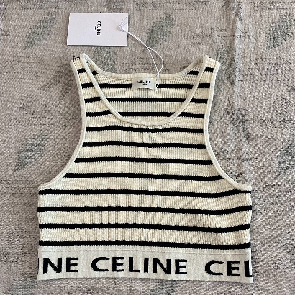 Celine Black And White Stripe Rib Knit Halter Neck Crop Top S
